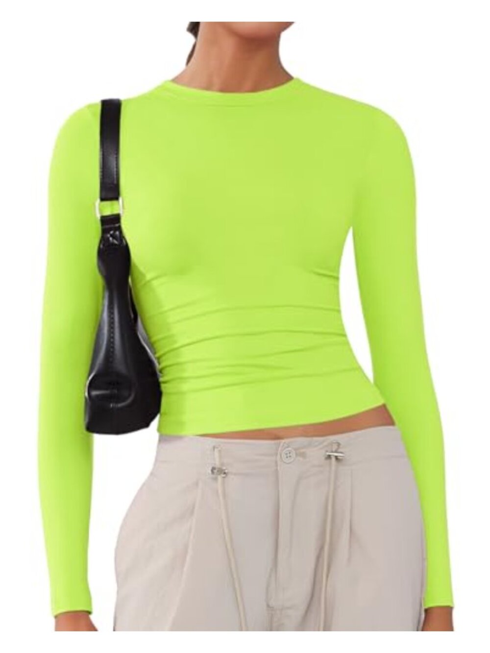 Women's Long Sleeve Crew Neck Crop Top Slim Fit Stretch Y2K Tee